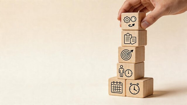 Business management strategy planning concept wooden blocks with icons representing time goal process building up for success and growth