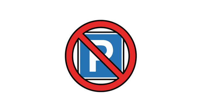 A red circle with a red diagonal line over a blue square sign with a white P