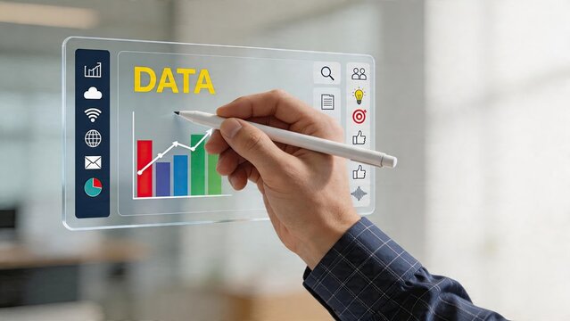 Businessman interacting with digital data screen writing on holographic interface cloud computing bar chart growth graph internet connectivity icons analytics dashboard display