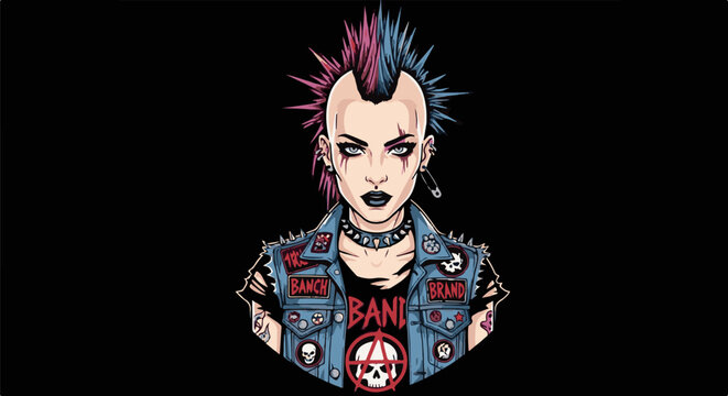 A punk woman with a spiky mohawk, dark makeup, and studded denim jacket