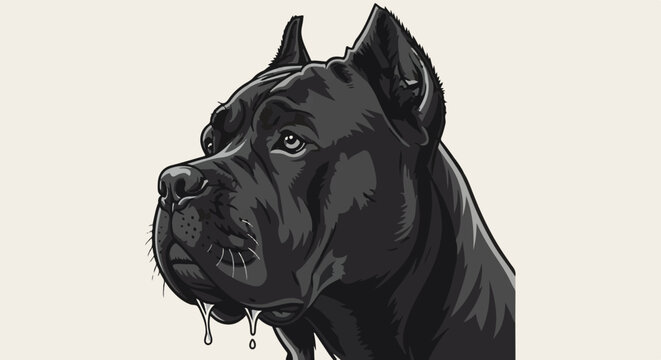 A powerful black dog with a muscular build and drool dripping from its mouth