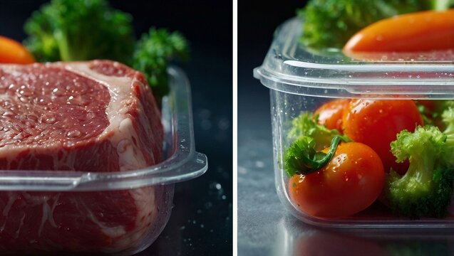 Close-up split shot highlighting the contrast between neon-lit lab-grown meat and fresh vegetables with dew drops. Shallow depth of field and cinematic lighting emphasize vivid color contrast and phot