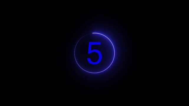 Neon glowing circular countdown timer animation from 10 to 0 seconds on black background.