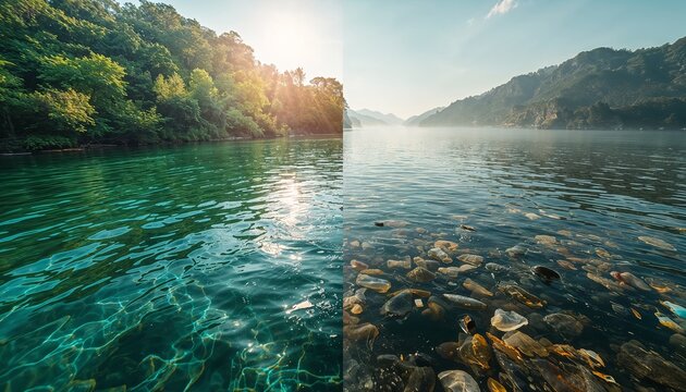 River Pollution Contrast: Pristine Nature vs Contaminated Water