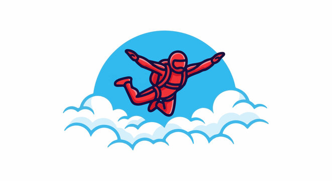 A red skydiver plunges through a blue sky with clouds