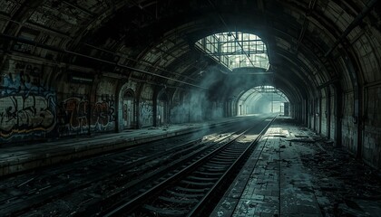 Obraz premium Abandoned subway station reveals post-apocalyptic decay. Rusted rails and graffiti-covered walls sit in smoke and dust, with cinematic volumetric lighting creating a dark, eerie atmosphere.