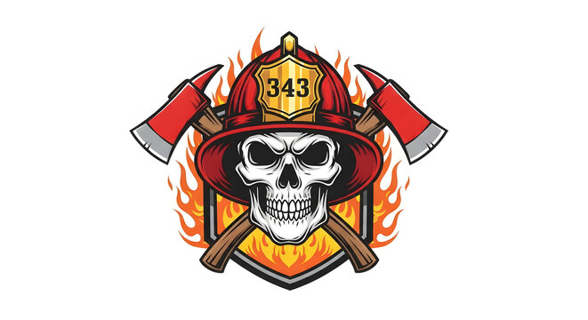 Dynamic illustration of a skeletal head wearing a fire safety helmet, adorned with axes and blazing fire, a powerful symbol of emergency services valor and tribute