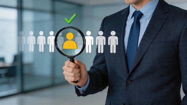 Businessman selecting candidate from group hiring human resources manager recruitment process finding qualified personnel for job application interview and background check