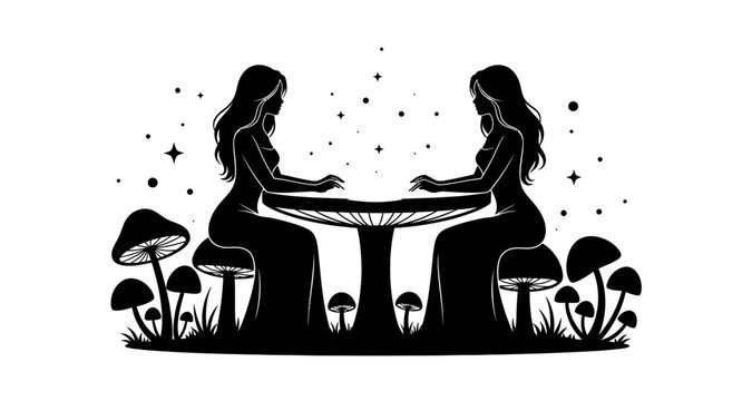 Two women performing a seance with mushrooms on transparent background