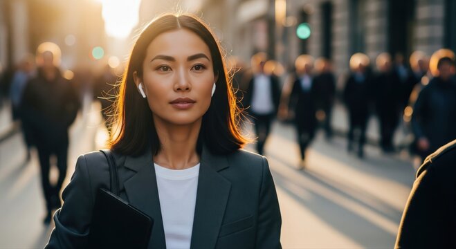 Professional woman commuting through busy city during sunset, determined mindset and strong posture, modern corporate lifestyle, realistic workday motion scene with blurred pedestrians