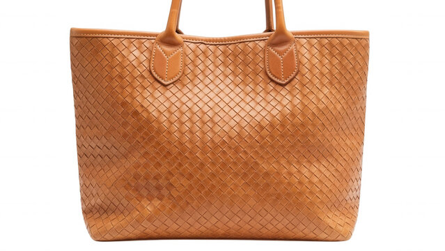 A tan brown leather tote bag featuring a woven basket-weave pattern, dual handles, and a rectangular shape on a black background