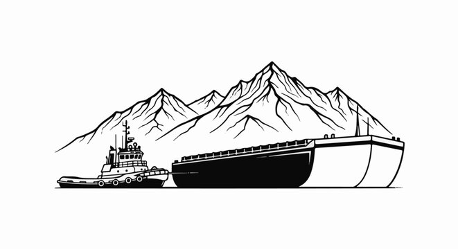 A tugboat assists a large vessel near majestic, snow-capped mountains