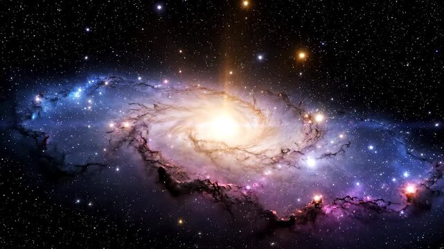 A vibrant galaxy with swirling clouds of purple, blue, and orange gas and dust, shining brightly against a starry black background