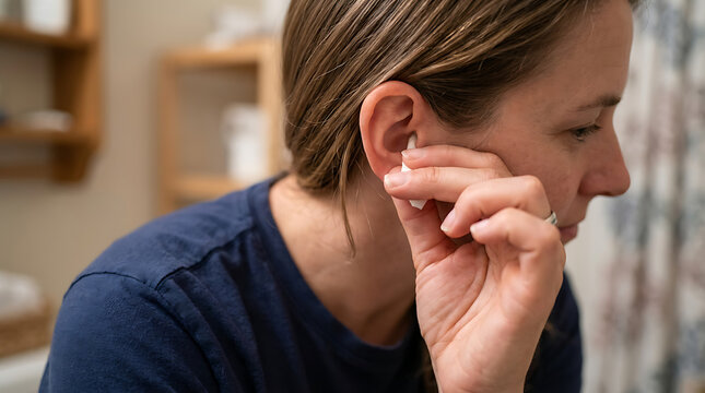 Woman checks ear in a room