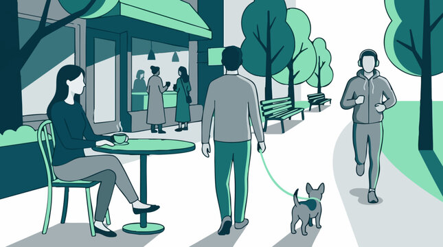 Everyday urban scene with diverse activities in a park and cafe setting
