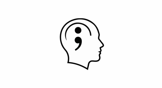 Abstract human head outline with a semicolon inside, representing thought
