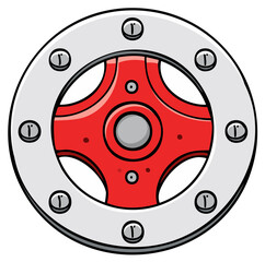 Obraz premium Rounded metallic machinery component with red center section. Industrial concept with rivets and mechanical construction design.