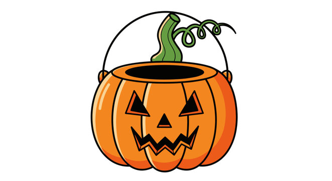 Cartoon pumpkin bucket with handle and face cutout against white background