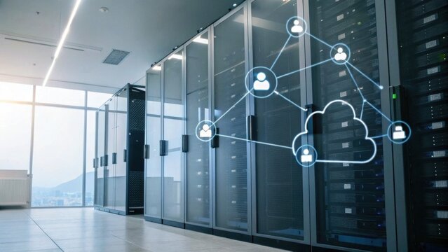 Modern data center with server racks connected by a digital cloud network illustration symbolizing cloud computing and data sharing.