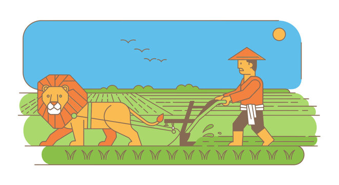Lion plowing field with farmer in vibrant illustration under blue sky