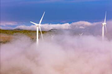 Wind power generation on Madeira during cloud inversion. Turbine blades emerging from fog above mountainous terrain © Leonid