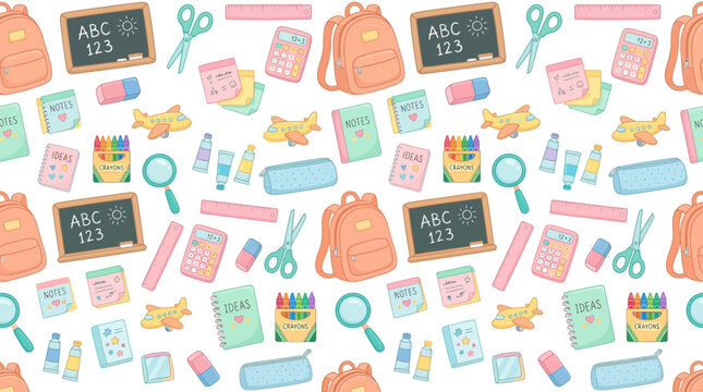 Colorful school supplies pattern featuring books, pencils, glue, and scissors for educational themed design.