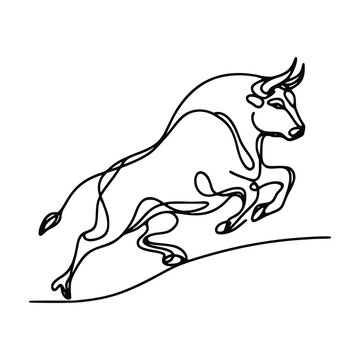 Beautiful minimalist one line drawing of running bull on white background