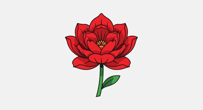 A vibrant red lotus flower with a green stem and leaf