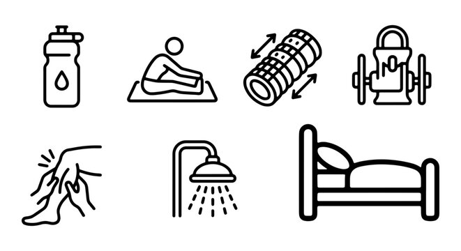Fitness and Recovery Icons: Water Bottle, Yoga, Massage Roller, Weights, Pain Relief, Shower, Bed