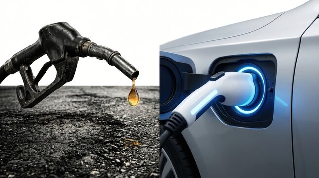 Split screen visualization comparing worn black fuel nozzle with iridescent golden drop versus sleek white electric vehicle charging plug with blue led glow for energy transition illustration