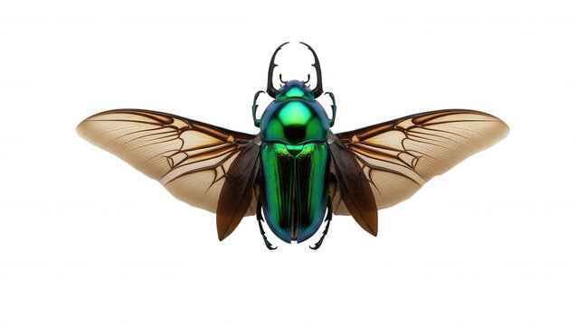 A top-down view of a metallic green jewel beetle with translucent, spread wings isolated against a solid black background