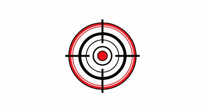 A stylized target with concentric circles in red, black, and white