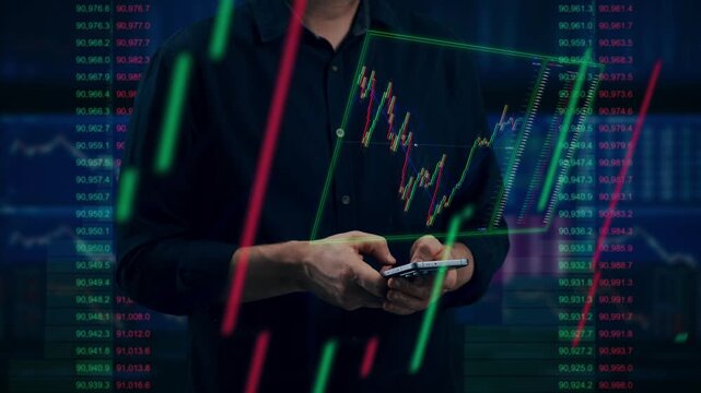 Market Analysis Underway. Professional Examining Candlestick Charts And Volume Data Persistently