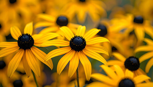 Field of bright yellow black-eyed susan flowers with dark centers, detailed petals, soft bokeh background, summer bloom, natural beauty
