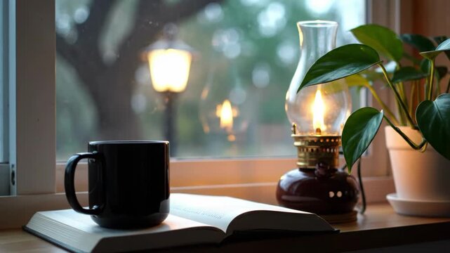 Cozy indoor scene with book, coffee, and lamp by a window