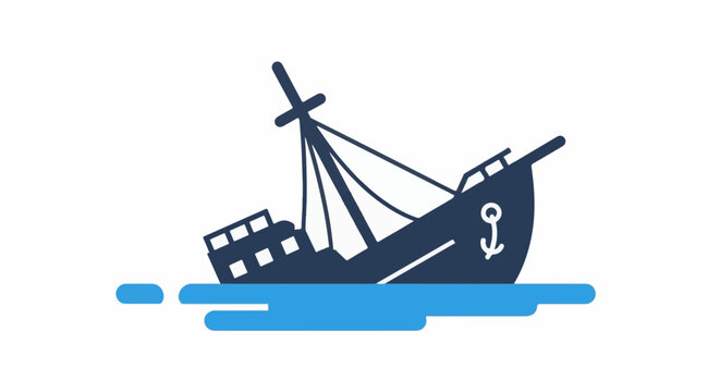 A stylized illustration of a sinking ship with an anchor emblem on its side