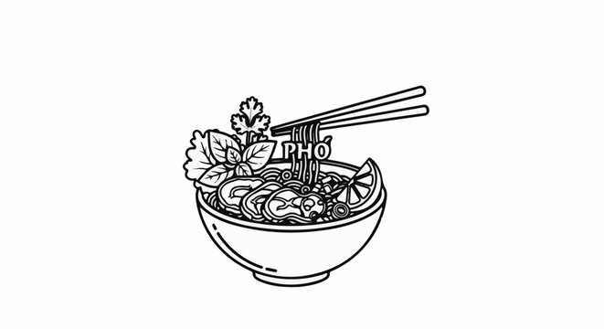 A stylized illustration of a steaming bowl of pho with chopsticks