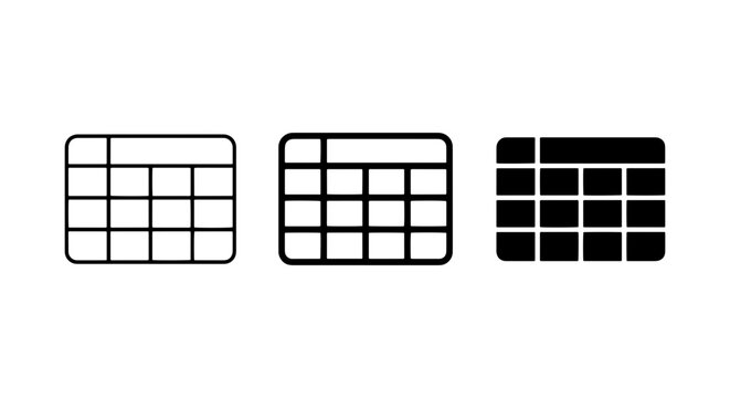 Table Icons Set, Spreadsheet Grid Symbols, Data Matrix UI Elements, Vector Graphics