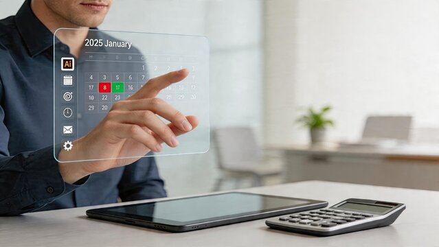 Businessman interacting with futuristic hologram calendar displaying 2025 January planning and scheduling future events managing time effectively using advanced technology