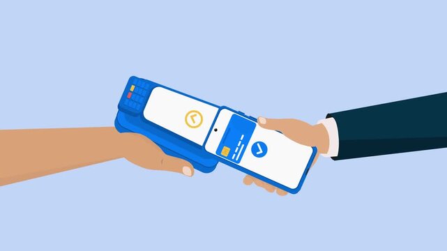 Contactless Mobile Payment Tap with Smartphone on POS Terminal Approved Cashless Transaction 2D Flat Design Style Animation