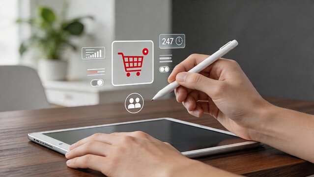 Business person using tablet device to manage online store selecting digital marketing tools managing ecommerce sales dashboard with customer metrics