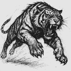 Beautiful black and white roaring tiger illustration on white background © Meng