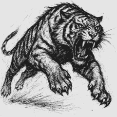 Beautiful black and white roaring tiger illustration on white background © Meng