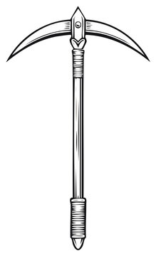 Detailed line art illustration of a medieval polearm or glaive with ornate details and spear point.