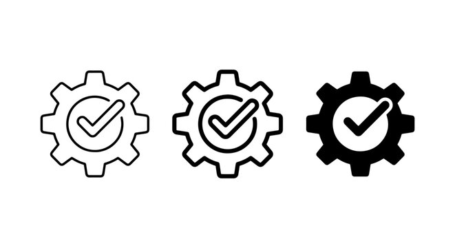 vector set of three gears with checkmarks in white and black outline style on plain background