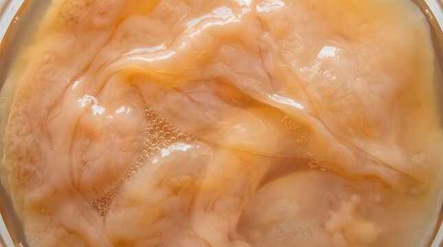 Macro Close Up Texture of Raw Kombucha SCOBY Pellicle with Active Fermentation Bubbles for Probiotic Gut Health and Fermented Drink Background Concept