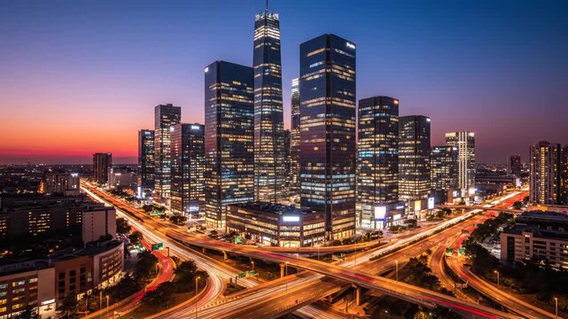 City skyline at dusk with illuminated buildings and traffic ideal for sleek commercial backgrounds and title sequences