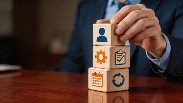 Business man stacking wooden blocks with icons representing human resources settings checklist calendar and recycling symbols concept of management strategy teamwork and