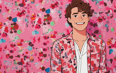 Fototapeta premium Cartoon young man smiling against pink abstract art background