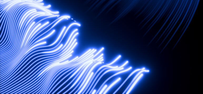 Futuristic tech dark 3D background with light blue glowing energy flow. Neon wave curve lines with luminous trails, dynamic motion effect. Cyber data technology, abstract wallpaper. 3D illustration